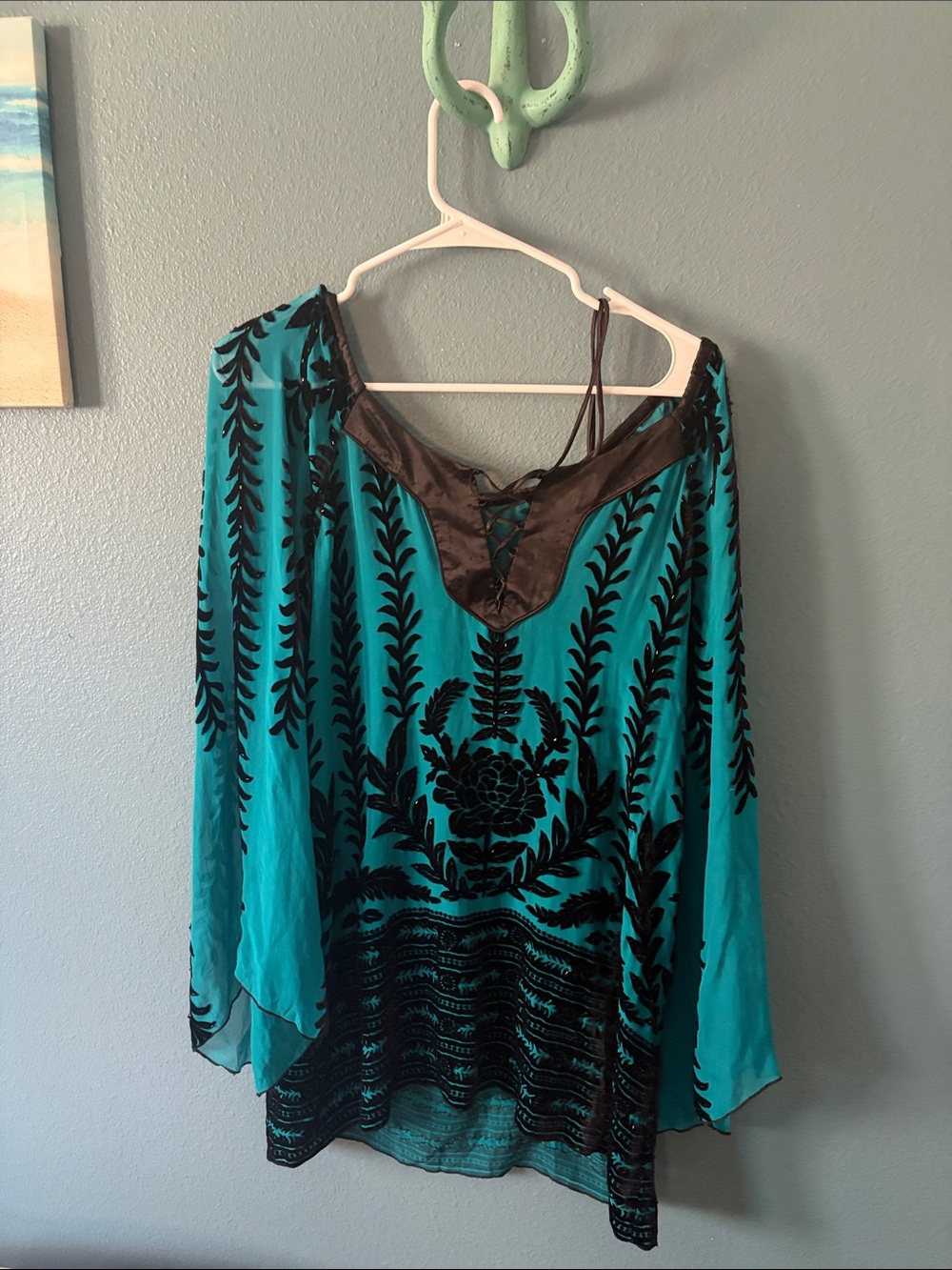 Hale Bob Teal and Black Velvet Burnout Lace-Up Tunic